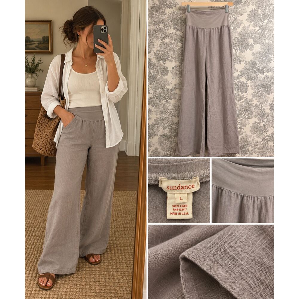 Sundance Size L 100% Linen Wide Leg Palazzo Pants Gray Made in USA